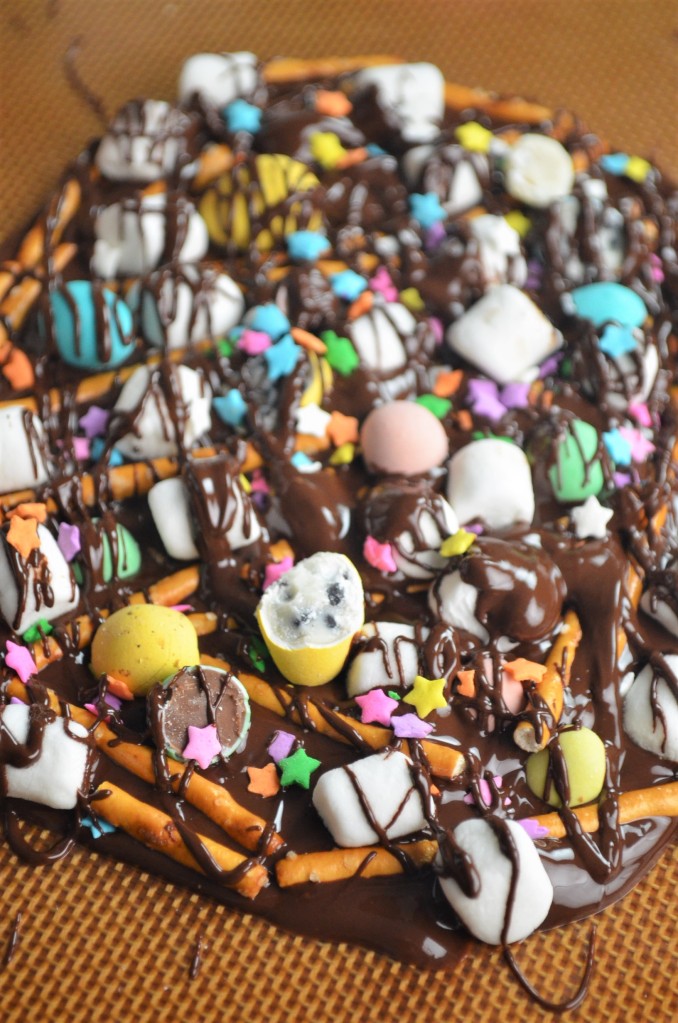 Easter M&M Marshmallow and Pretzel Bark Chocolate